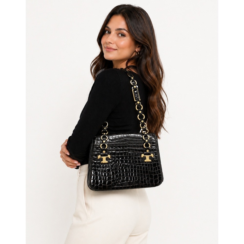 Tory Burch Retired Brown Croc Embossed Patent Leather Shoulder Bag Gold Chain‎